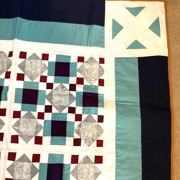 Handmade Finished Quilted Twin Quilt Throw Blanket White Blue Cotton 71" x 52" - Picture 5 of 9
